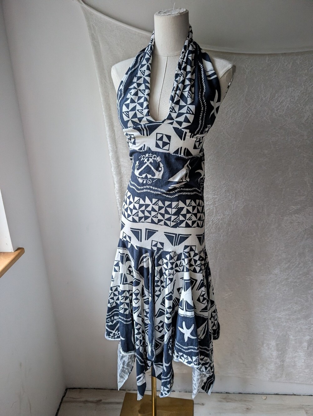 St Johns Sport Nautical Halter Dress Sailboat Anchor Handkerchief Hem Stretchy